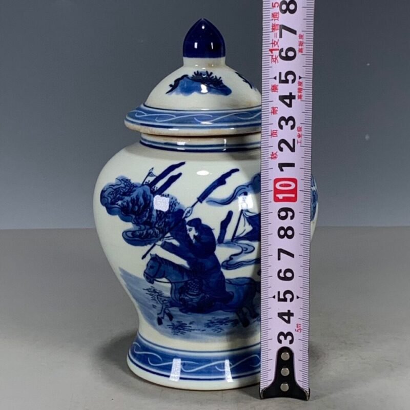 Blue and White Porcelain Ginger Jar Hand Painted Warrior Horse Scene Lidded Canister (7)