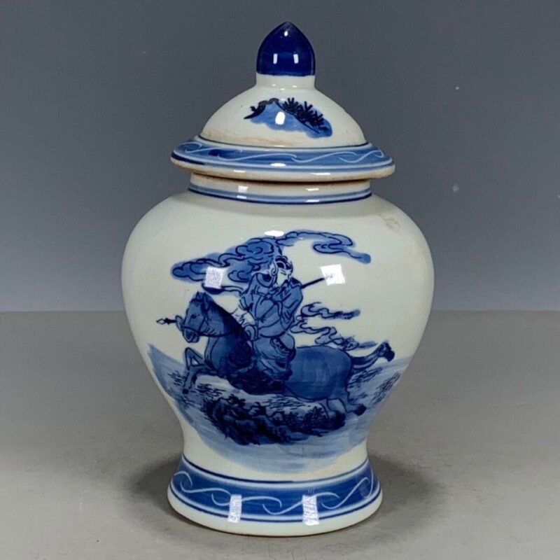 Blue and White Porcelain Ginger Jar Hand Painted Warrior Horse Scene Lidded Canister (9)