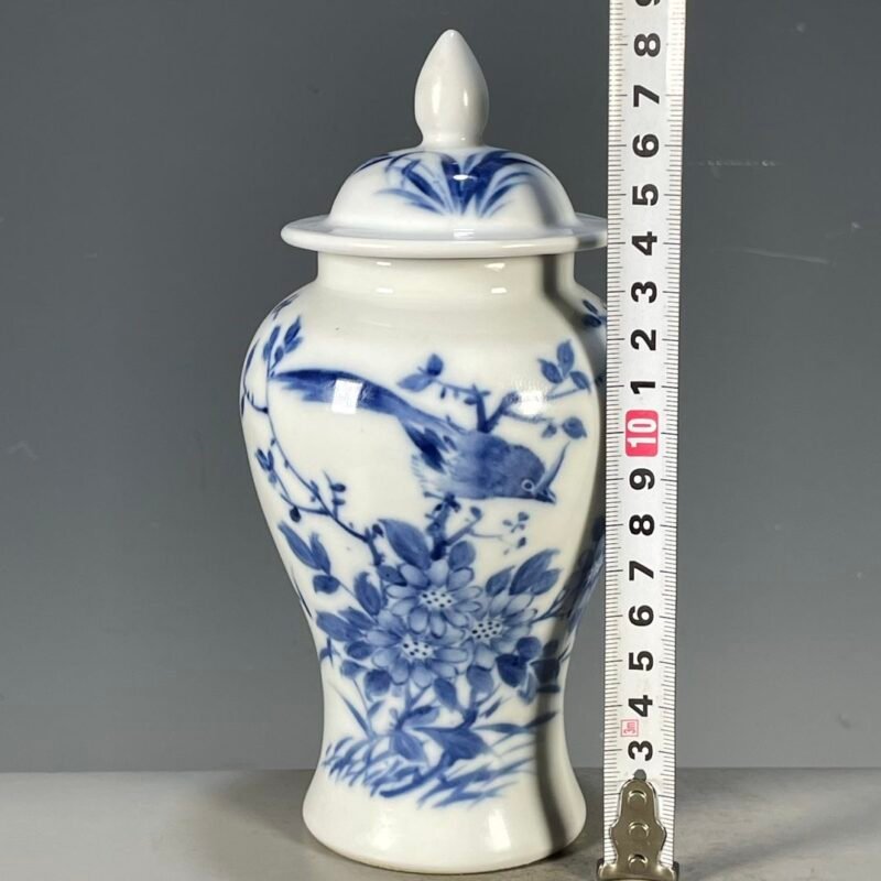 Blue and White Porcelain Ginger Jar with Lid 7.3 Chinoiserie Bird & Flower Motif (6)