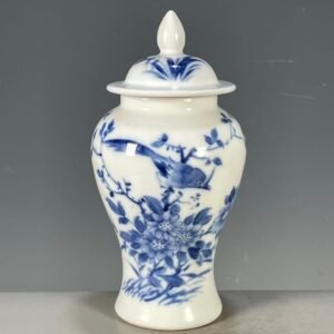 Blue and White Porcelain Ginger Jar with Lid 7.3 Chinoiserie Bird & Flower Motif (7)