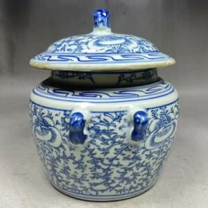 Blue and White Porcelain Lidded Ginger Jar, Lion Finial Double Ears Floral Chinese Ceramic Storage Pot, Chinoiserie Decor