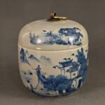 Chinese Blue & White Porcelain Tea Caddy with Brass Ring Handle (1)
