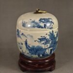 Chinese Blue & White Porcelain Tea Caddy with Brass Ring Handle (2)