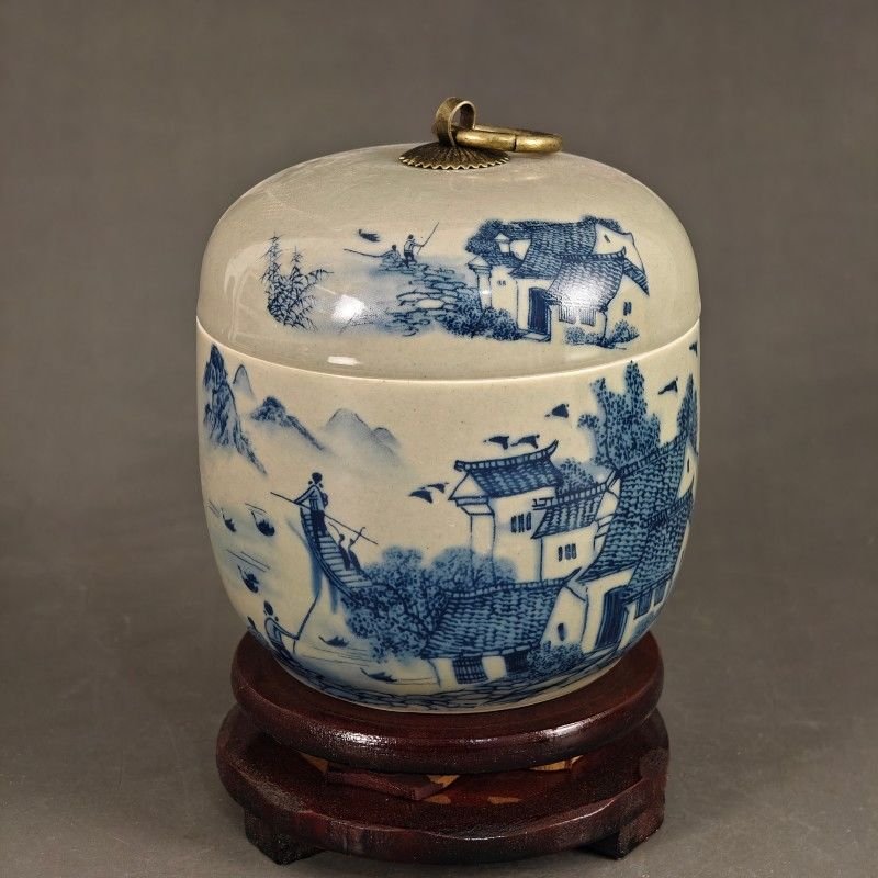 Chinese Blue & White Porcelain Tea Caddy with Brass Ring Handle (2)