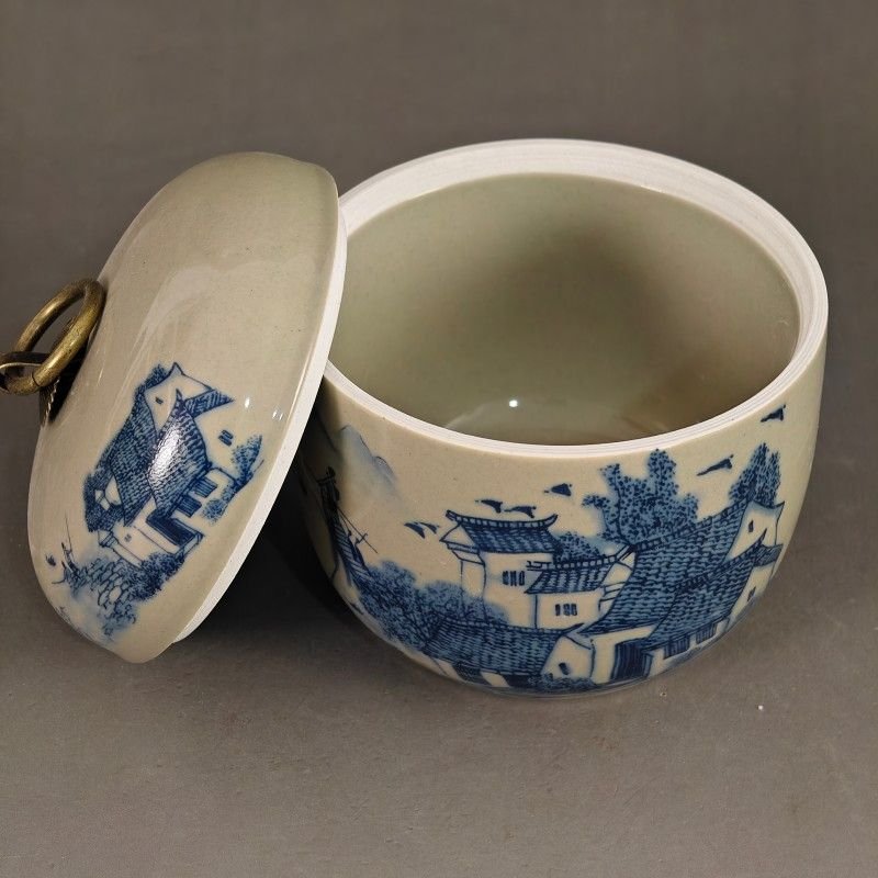 Chinese Blue & White Porcelain Tea Caddy with Brass Ring Handle (4)