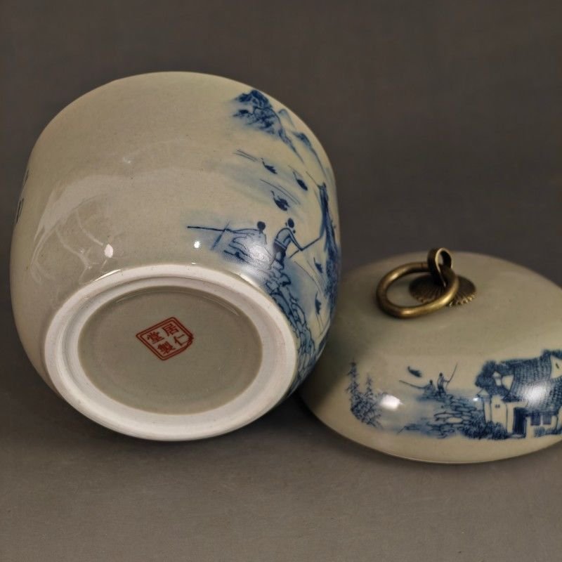 Chinese Blue & White Porcelain Tea Caddy with Brass Ring Handle (5)