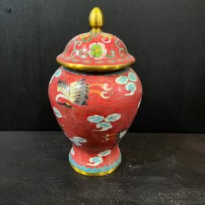 Vintage Chinese Cloisonné Enamel Ginger Jar - 1288g Heavy Pure Copper - Red Ground Crane & Cloud Motifs