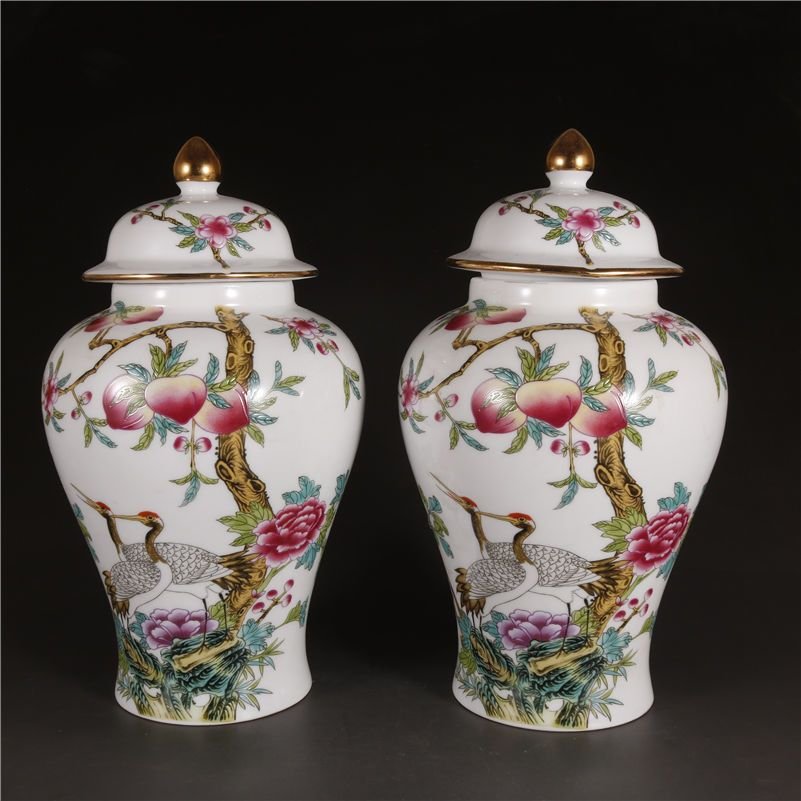Chinese Famille Rose Ginger Jar Porcelain Crane & Peach Motif with Lid (1)