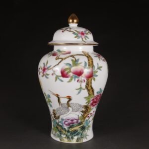 Chinese Famille Rose Ginger Jar Porcelain Crane & Peach Motif with Lid (2)