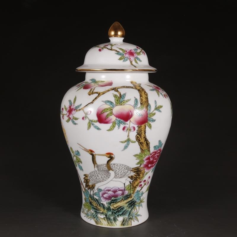 Chinese Famille Rose Ginger Jar Porcelain Crane & Peach Motif with Lid (2)