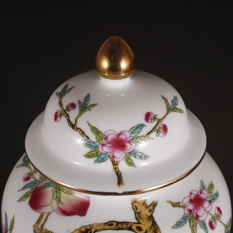 Chinese Famille Rose Ginger Jar Porcelain Crane & Peach Motif with Lid (3)
