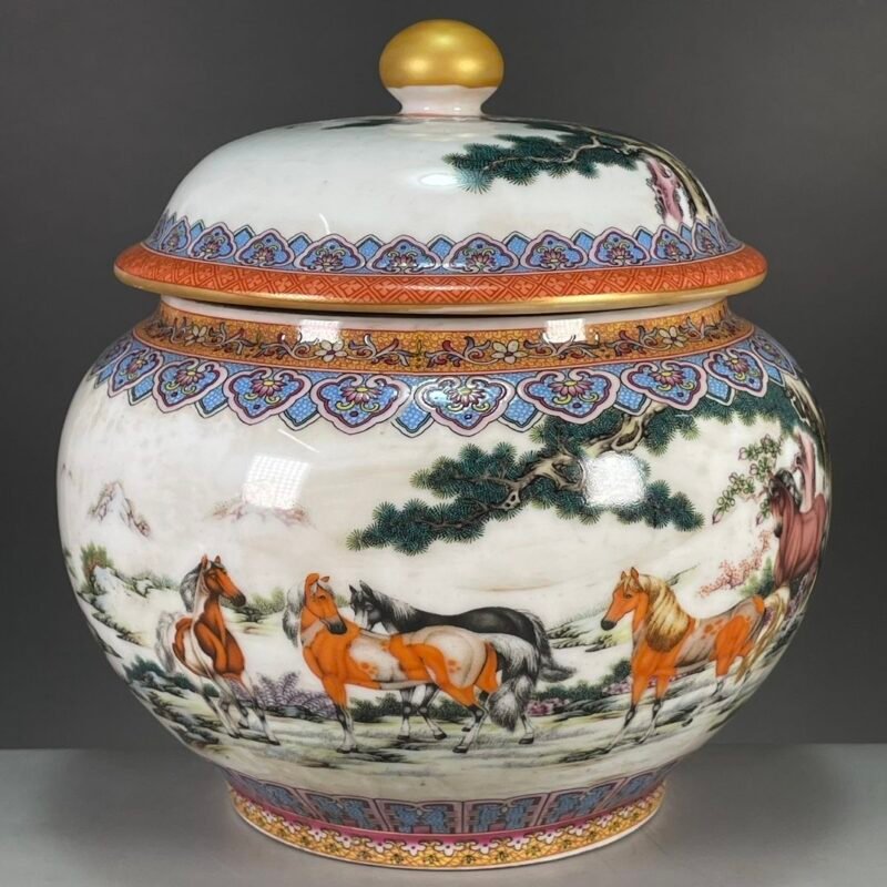 Chinoiserie Ginger Jar with Lid 7.1 (18cm) Horse & Pine Porcelain Temple Jar (2)