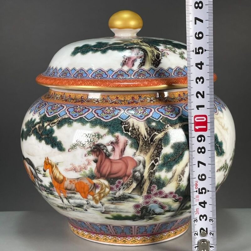 Chinoiserie Ginger Jar with Lid 7.1 (18cm) Horse & Pine Porcelain Temple Jar (4)