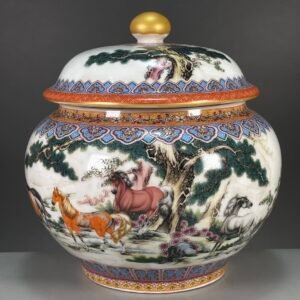 Chinoiserie Ginger Jar with Lid 7.1 (18cm) Horse & Pine Porcelain Temple Jar (5)