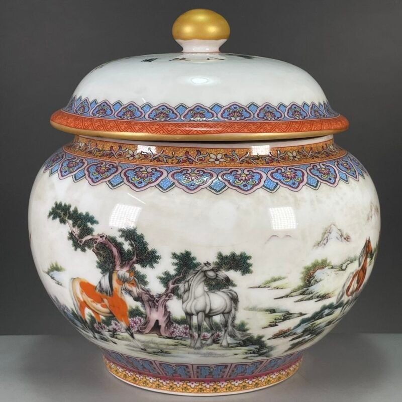 Chinoiserie Ginger Jar with Lid 7.1 (18cm) Horse & Pine Porcelain Temple Jar (6)