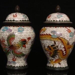 Cloisonné Enamel Ginger Jars - Pair of White Ground Dragon & Phoenix Vases - 2507g Heavy Copper Set