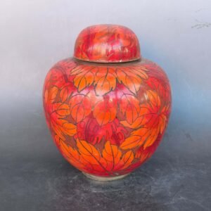 Cloisonné Enamel Melon Ginger Jar - Red & Orange Leaf Motif - 1256g Purple Copper Body - 25cm