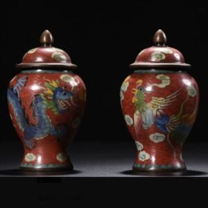 Antique Cloisonné Enamel Pair Ginger Jars - Copper Dragon & Phoenix Motifs with Lids