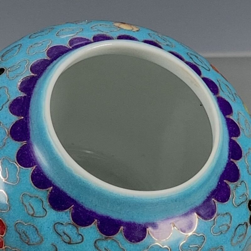 Cloisonne Style Bird & Plum Blossom Chinoiserie Ginger Jar, Turquoise Blue Lidded Porcelain Canister (1)