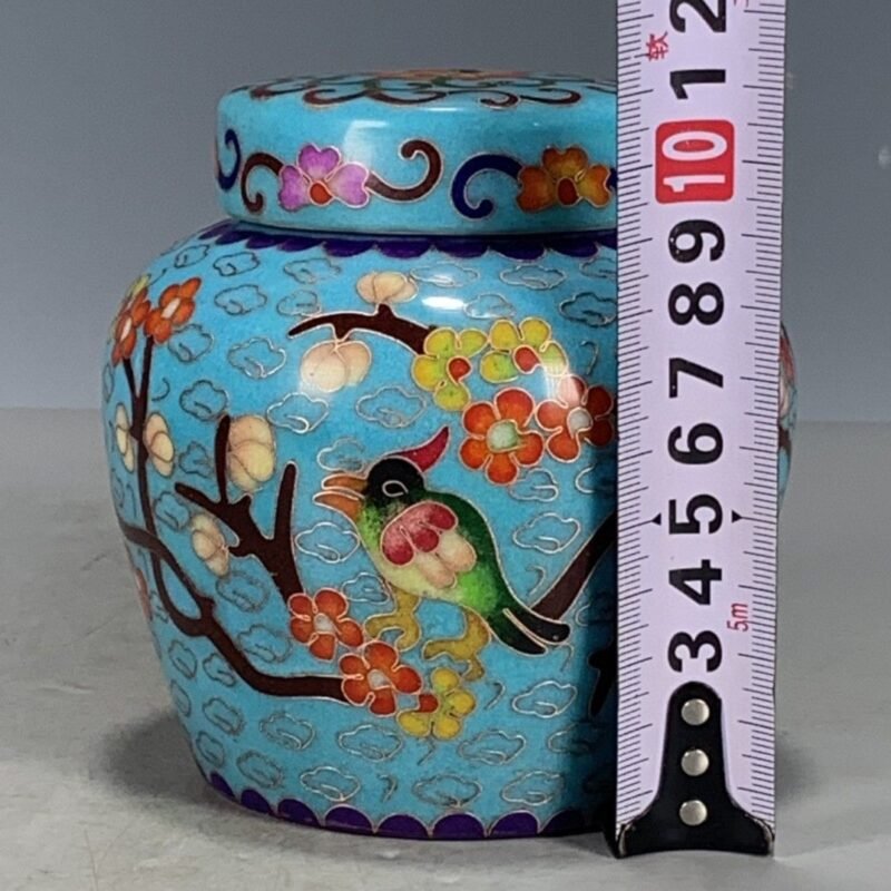 Cloisonne Style Bird & Plum Blossom Chinoiserie Ginger Jar, Turquoise Blue Lidded Porcelain Canister (4)