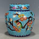 Cloisonne Style Bird & Plum Blossom Chinoiserie Ginger Jar, Turquoise Blue Lidded Porcelain Canister (6)