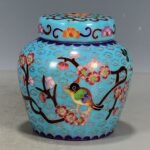 Cloisonne Style Bird & Plum Blossom Chinoiserie Ginger Jar, Turquoise Blue Lidded Porcelain Canister (7)