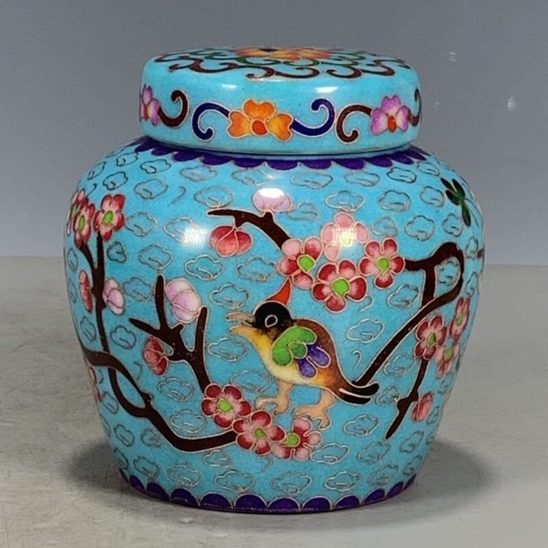 Cloisonne Style Bird & Plum Blossom Chinoiserie Ginger Jar, Turquoise Blue Lidded Porcelain Canister (7)
