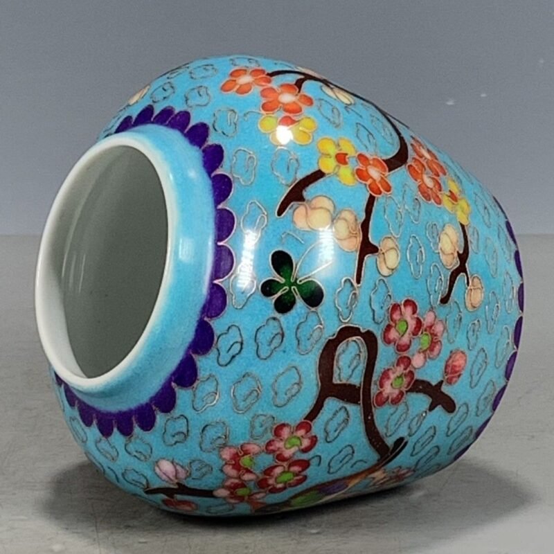 Cloisonne Style Bird & Plum Blossom Chinoiserie Ginger Jar, Turquoise Blue Lidded Porcelain Canister (9)