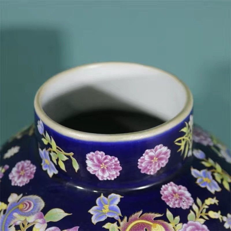 Cobalt Blue Ginger Jar – Famille Rose Phoenix & Peony Temple Jar with Lid – Luxurious Chinoiserie Statement Decor (10)