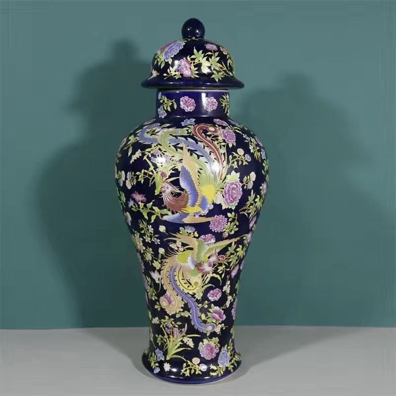Cobalt Blue Ginger Jar – Famille Rose Phoenix & Peony Temple Jar with Lid – Luxurious Chinoiserie Statement Decor (3)