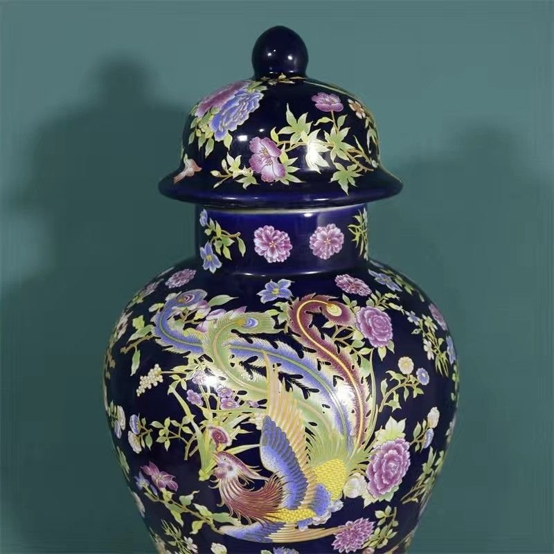Cobalt Blue Ginger Jar – Famille Rose Phoenix & Peony Temple Jar with Lid – Luxurious Chinoiserie Statement Decor (4)