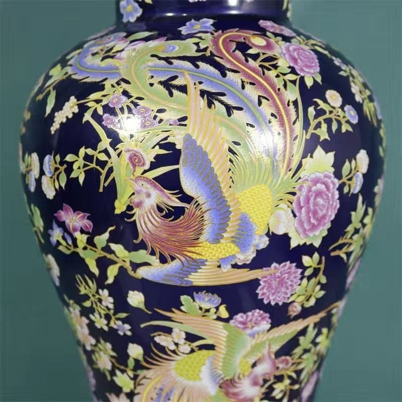 Cobalt Blue Ginger Jar – Famille Rose Phoenix & Peony Temple Jar with Lid – Luxurious Chinoiserie Statement Decor (5)