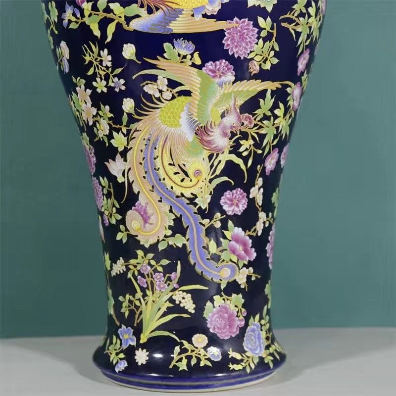 Cobalt Blue Ginger Jar – Famille Rose Phoenix & Peony Temple Jar with Lid – Luxurious Chinoiserie Statement Decor (6)