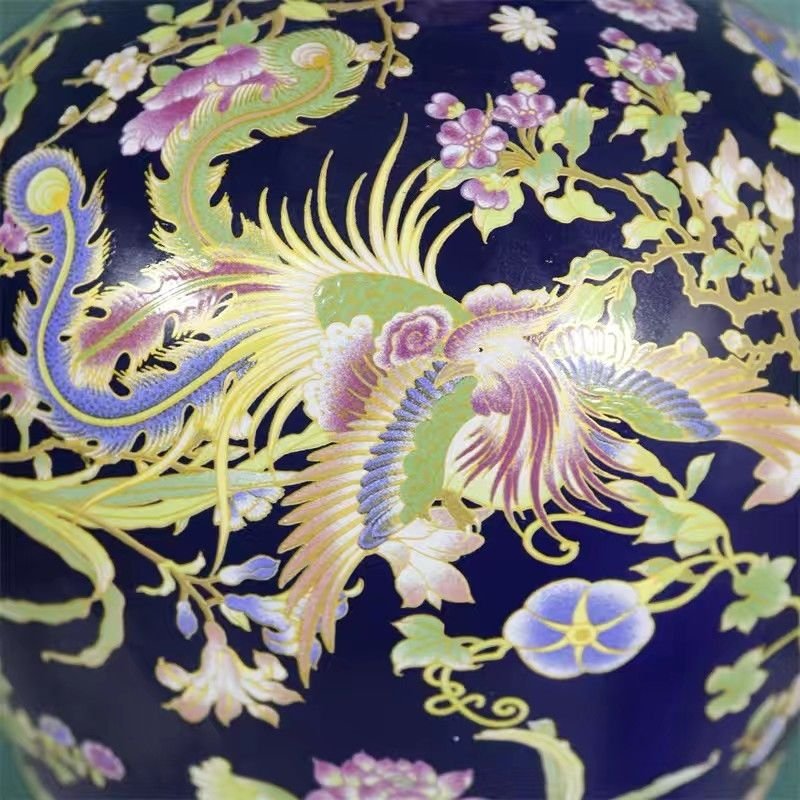 Cobalt Blue Ginger Jar – Famille Rose Phoenix & Peony Temple Jar with Lid – Luxurious Chinoiserie Statement Decor (7)