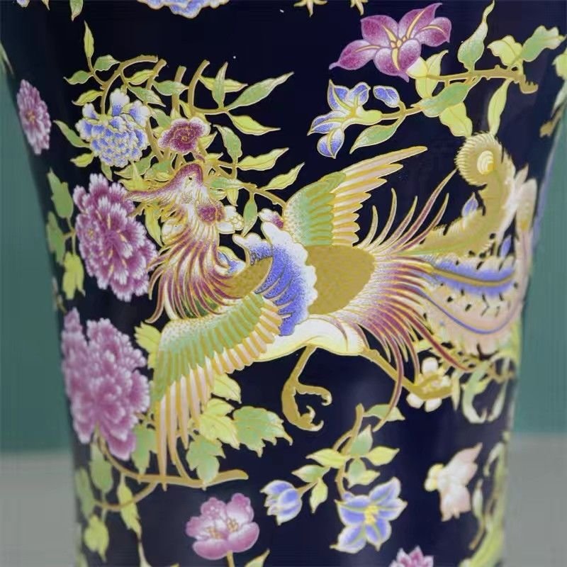 Cobalt Blue Ginger Jar – Famille Rose Phoenix & Peony Temple Jar with Lid – Luxurious Chinoiserie Statement Decor (8)