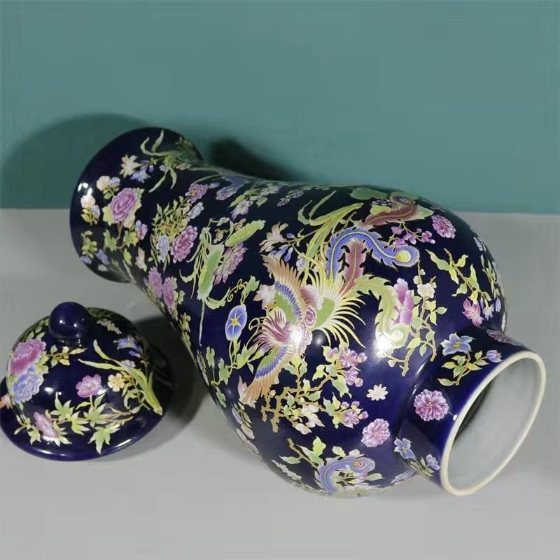 Cobalt Blue Ginger Jar – Famille Rose Phoenix & Peony Temple Jar with Lid – Luxurious Chinoiserie Statement Decor (9)