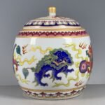 Colorful Enamel Lion Chinoiserie Ginger Jar, Lidded Porcelain Storage Jar (1)