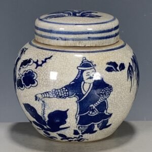 Blue & White Ceramic Ginger Jar with Lid | Crackle Glaze & Figure Pattern | Small Chinoiserie Accent