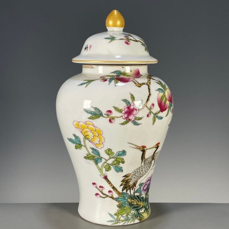 Crane & Peach Ginger Jar, 9.8 Porcelain Jar with Floral Motif (2)