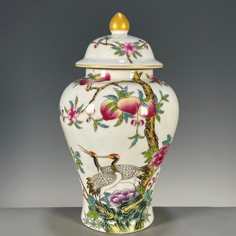 Crane & Peach Ginger Jar, 9.8 Porcelain Jar with Floral Motif (5)