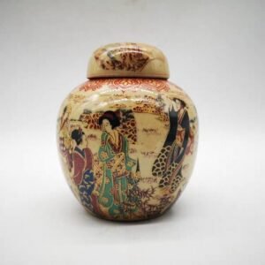 Cream Ceramic Ginger Jar with Lid | Japanese Geisha Pattern | Small Chinoiserie Accent