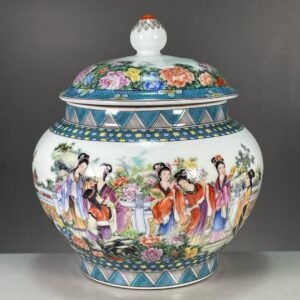 Elegant Chinoiserie Ginger Jar with Lid 8 Oriental Ladies & Floral Porcelain Vase (7)
