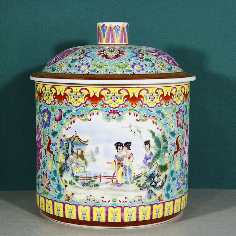 Famille Rose Porcelain Ginger Jar Figural Scene (3 Color Options) (2)
