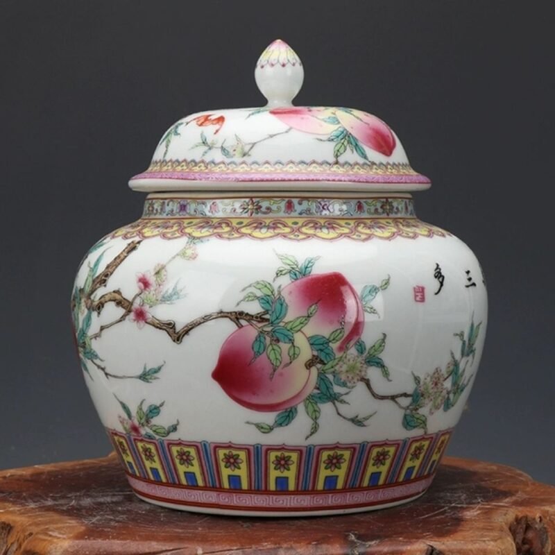 Famille Rose Porcelain Ginger Jar Nine Peaches & Bat Motif (3)