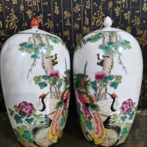 Famille Rose Porcelain Ginger Jar Pair, Phoenix Crane Peony Hand Painted Lidded Vase, Oriental Decor