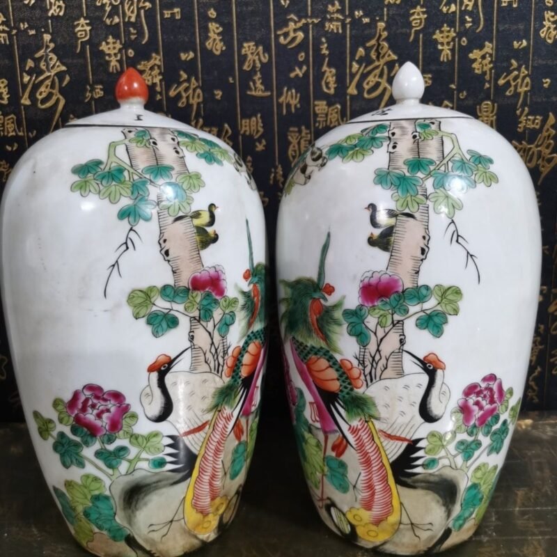 Famille Rose Porcelain Ginger Jar Pair, Phoenix Crane Peony Hand Painted Lidded Vase (9)