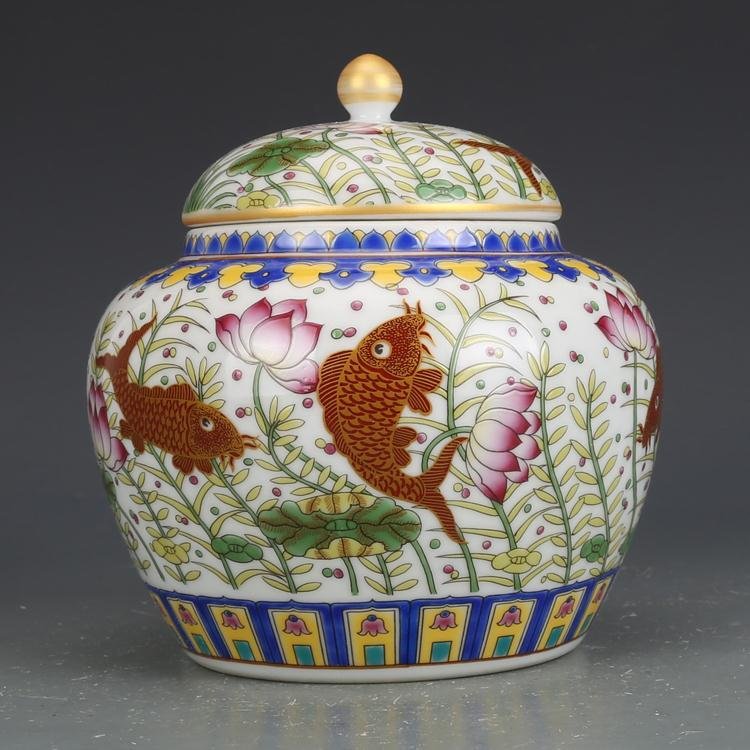 Famille Rose Porcelain Ginger Jar with Lotus & Koi Motif (5)