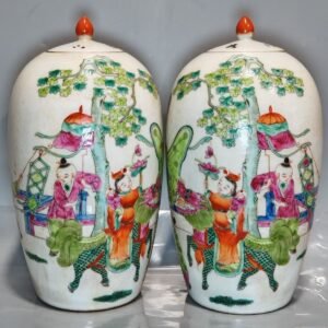 Famille Rose Qilin Ginger Jars – Set of 2, Qilin Bringing a Child, Chinese Blessing Pair