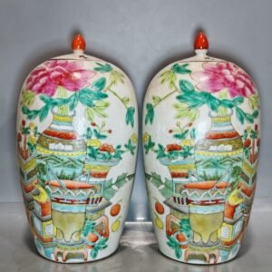 Famille Rose Winter Melon Ginger Jar Pair – Bogu Still Life Pattern, Chinese Porcelain Lidded Jars (24 cm)