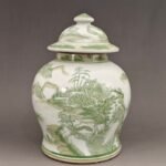 Green & White Chinese Landscape Porcelain Ginger Jar, Lidded Temple Jar for Home Decor (2)